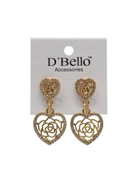 Heart Rose Drop Earrings Sparkly Rhinestone Gold Tone Statement Jewelry DBello